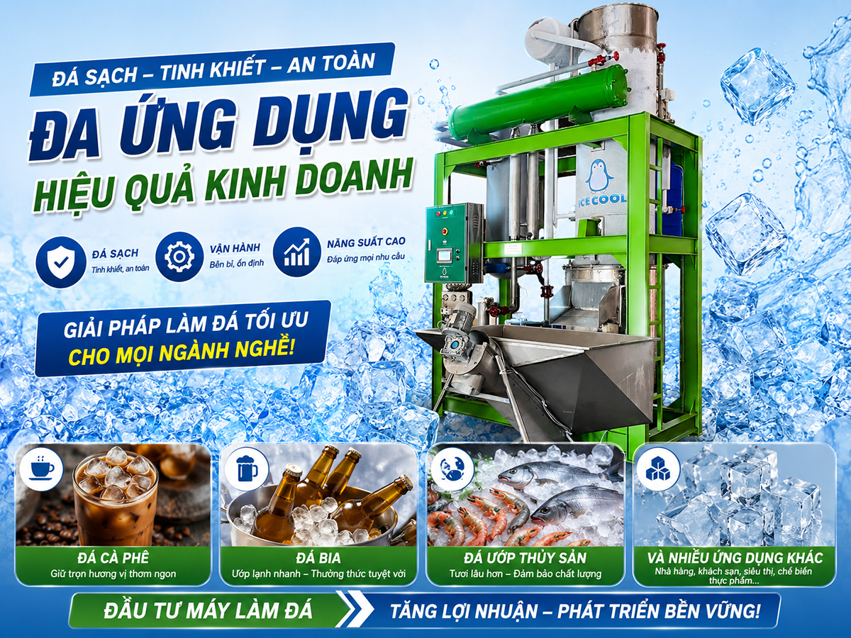 Đá cà phê – Đá bia – Đá ướp thủy sản là ba dòng sản phẩm đá viên tinh khiết chủ lực, đòi hỏi tiêu chuẩn khác nhau nhưng đều cần đến quy trình sản xuất hiện đại