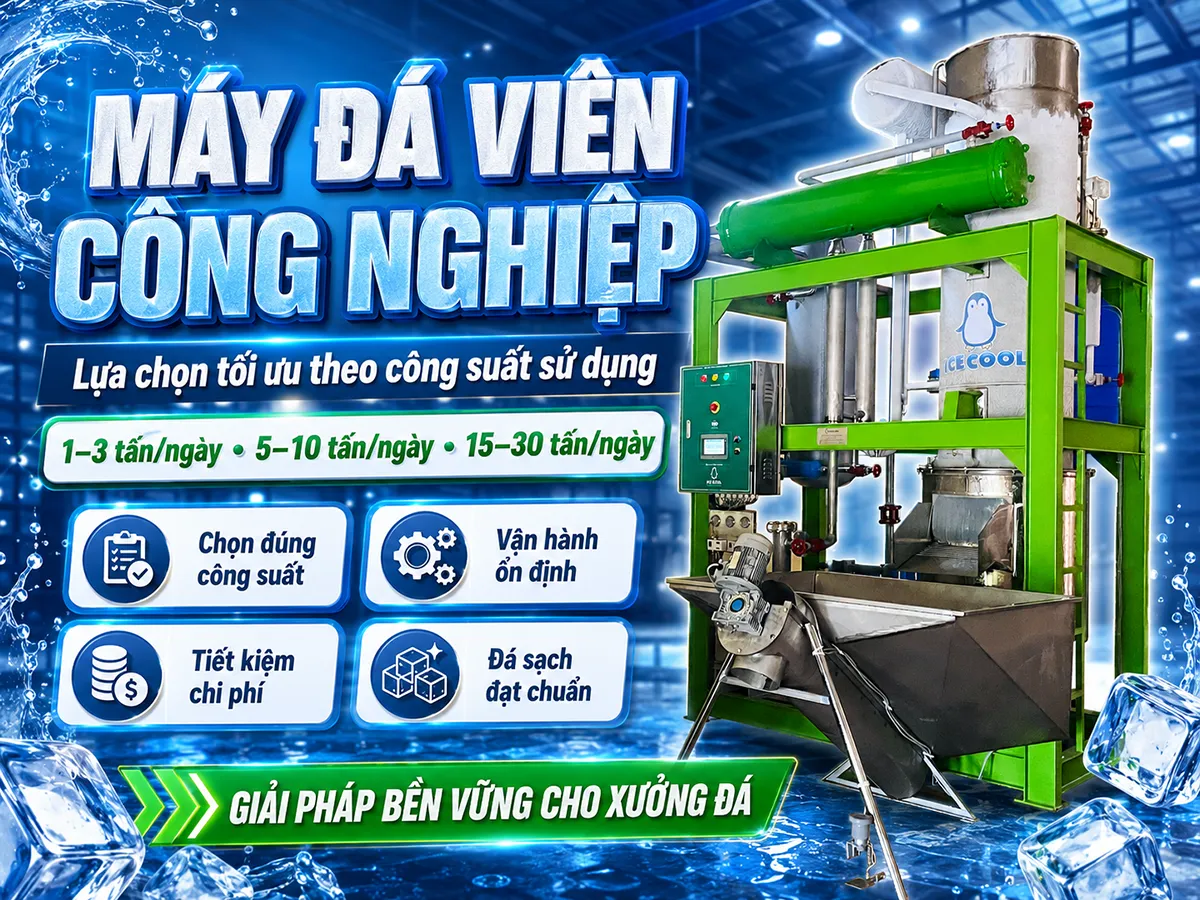 Máy làm đá viên công nghiệp là thiết bị cốt lõi giúp các cơ sở sản xuất đá tinh khiết vận hành ổn định, đảm bảo sản lượng lớn và chất lượng đạt chuẩn vệ sinh an toàn thực phẩm