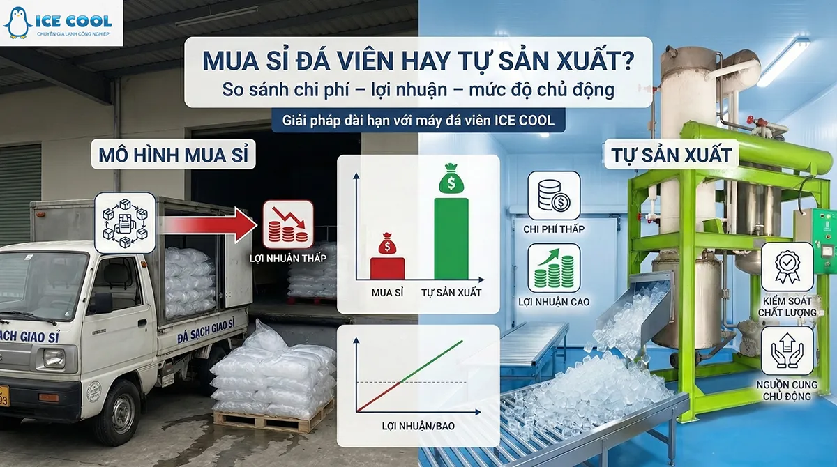 Tự sản xuất đá hay đi mua sỉ là bài toán mà người kinh doanh đá viên cần cân nhắc kỹ giữa mức đầu tư ban đầu, khả năng kiểm soát chất lượng và lợi nhuận dài hạn