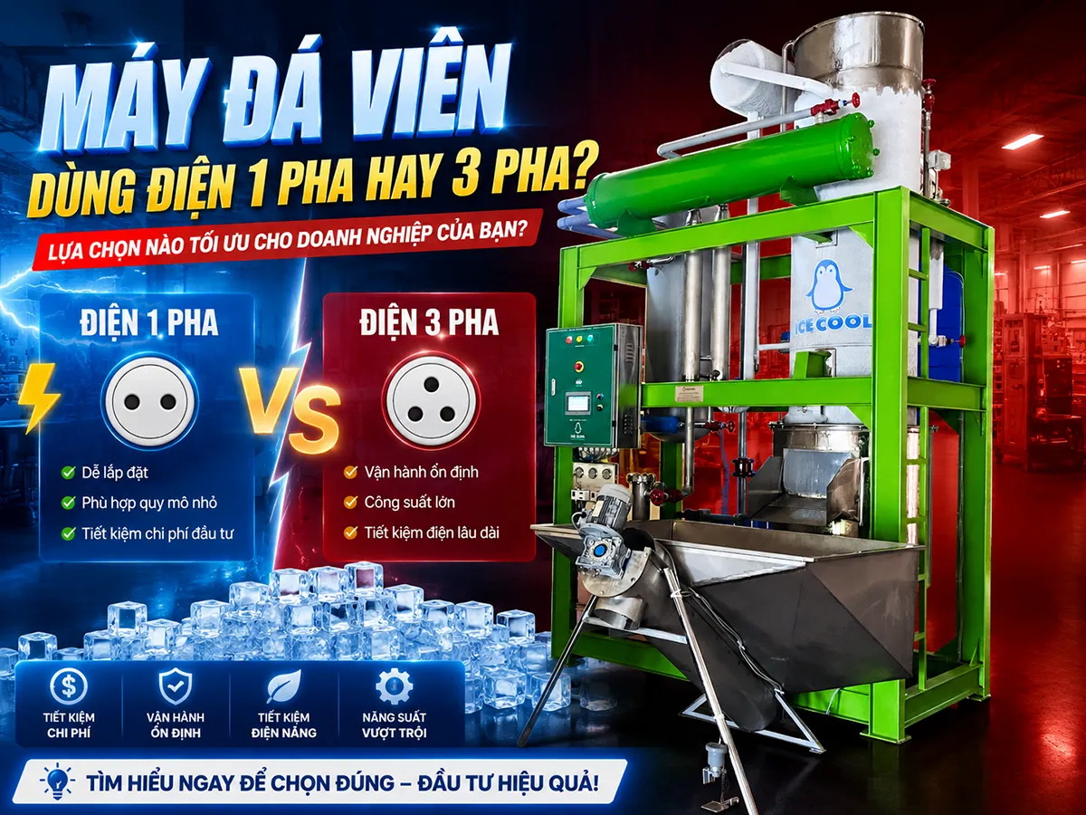 Trước khi đầu tư, nhiều chủ cơ sở thường băn khoăn Máy đá viên dùng điện 1 pha hay 3 pha để đảm bảo hệ thống vận hành ổn định, tiết kiệm điện và phù hợp với quy mô sản xuất