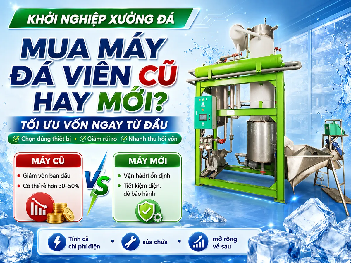 Mua máy đá viên cũ hay mới để tối ưu vốn khởi nghiệp là câu hỏi quan trọng mà nhiều nhà đầu tư cần cân nhắc kỹ lưỡng trước khi bắt đầu kinh doanh sản xuất đá viên