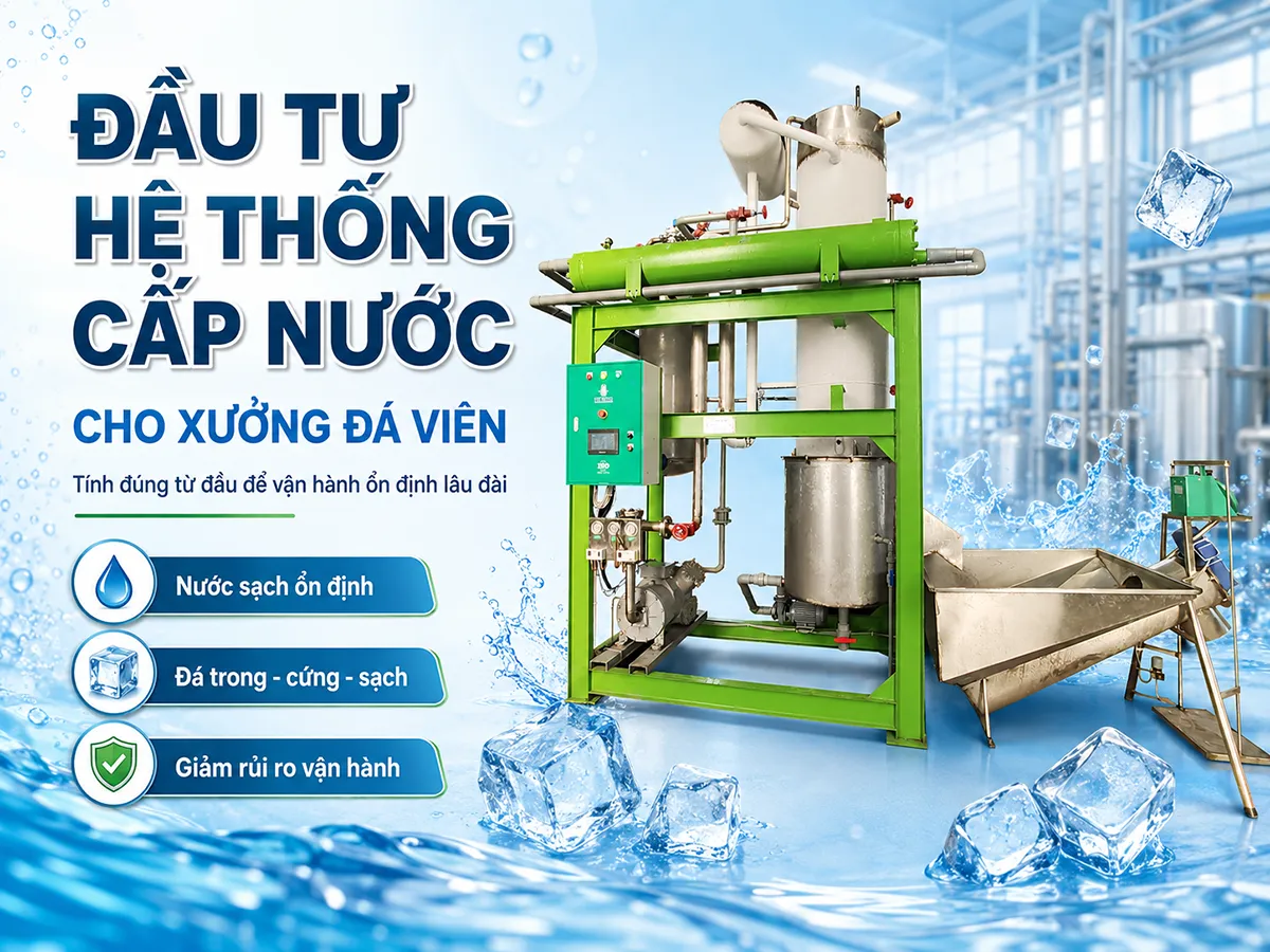 Đầu tư hệ thống cấp nước cho xưởng đá viên đúng ngay từ đầu giúp đá luôn trong, cứng và ổn định mỗi ngày.