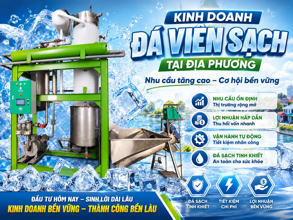 Kinh doanh đá viên sạch tại địa phương là mô hình đầu tư thiết thực, đáp ứng nhu cầu sử dụng đá hằng ngày của quán cà phê, trà sữa, nhà hàng và quán ăn.