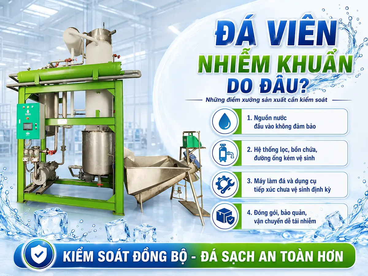 Đá viên nhiễm khuẩn có thể bắt nguồn từ nước đầu vào, thiết bị hoặc quá trình đóng gói và bảo quản.