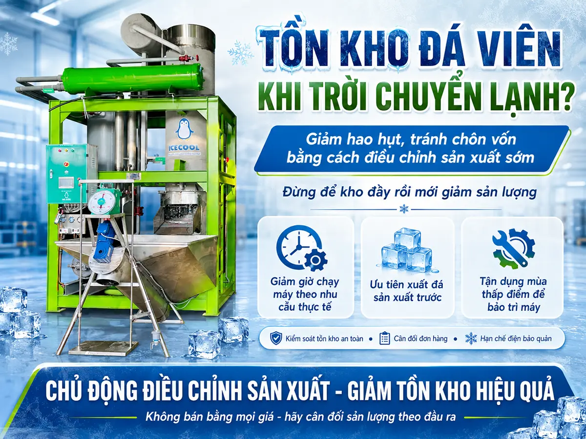 Cách xử lý tồn kho đá viên hiệu quả bắt đầu từ việc điều chỉnh sản lượng ngay khi nhu cầu thị trường có dấu hiệu giảm.