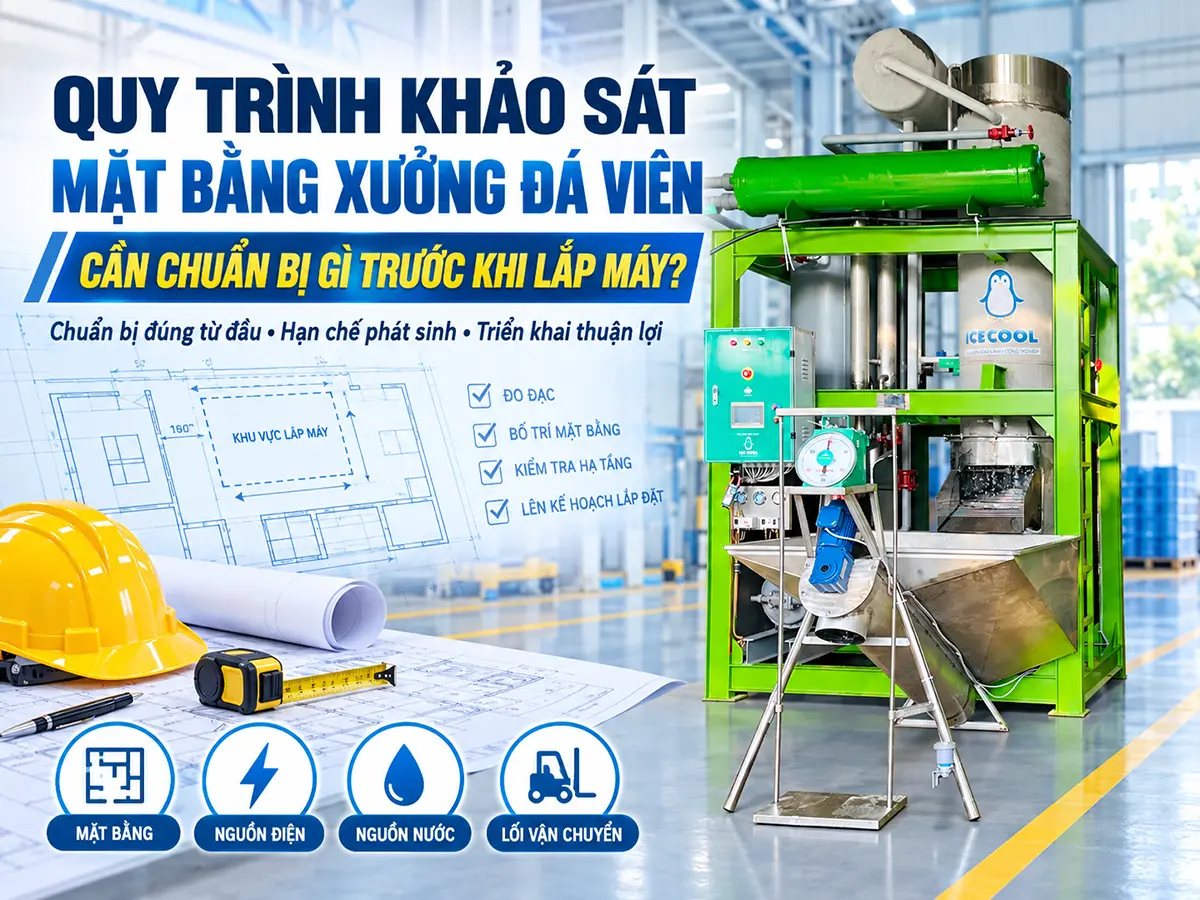 Quy trình khảo sát mặt bằng xưởng đá viên giúp xác định vị trí lắp máy ICE COOL và bố trí các khu vực phụ trợ phù hợp với nhu cầu sản xuất.