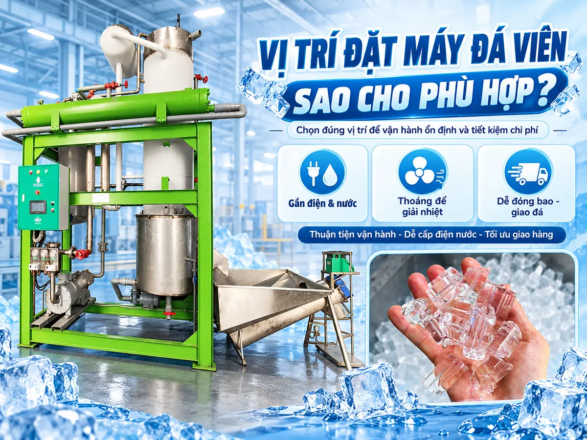 Chọn vị trí đặt máy đá viên phù hợp giúp chủ xưởng thuận tiện sản xuất, đóng bao và tổ chức giao hàng mỗi ngày.